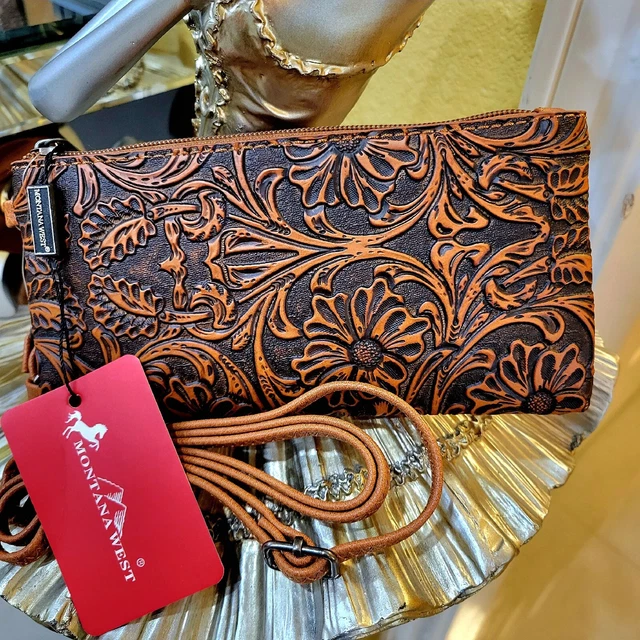 Montana West Cell Phone Purses Translucent Phone Bag Wristlet hand tooled Brown