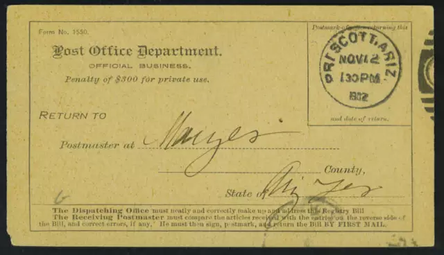 U.s. 1902 Arizona Territorial"Prescott" Post Office Car