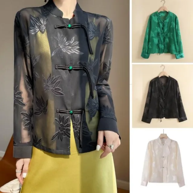 Women Chiffon Jacket Jacquard Tang Suit Chinese Cheongsam Shirt Retro Coat