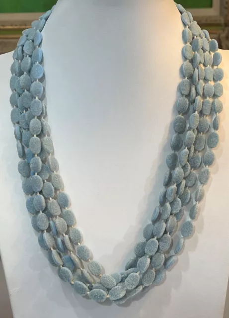 Vintage Hong Kong Sugared Baby Blue Beads Oval Multi Strand Necklace