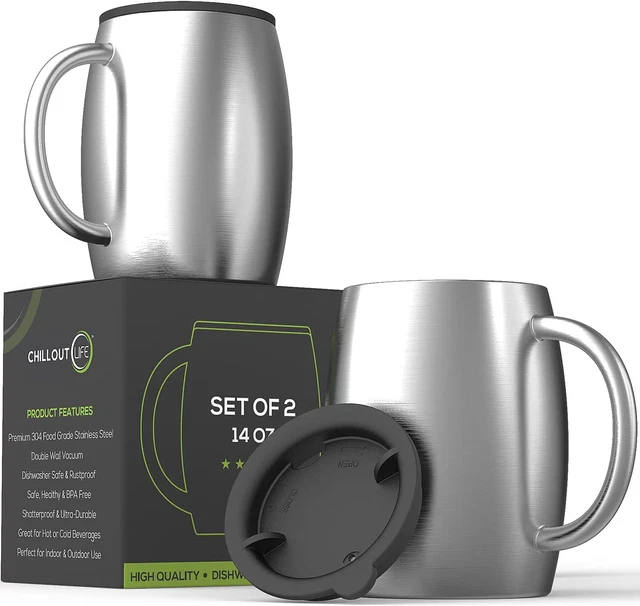 Stainless Steel Insulated Coffee Mugs Set of 2 (14Oz) – Double Wall Coffee Cups