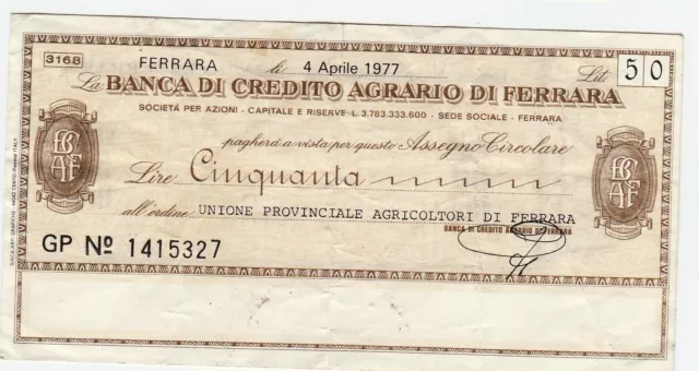 ITALIA miniassegno da £. 50 Banca di Credito Agrario di Ferrara 4 aprile 1977