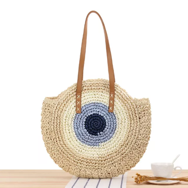Round Rattan Shoulder Bag Hollow Out Braided Vacation Casual Bag Woven Handbag -
