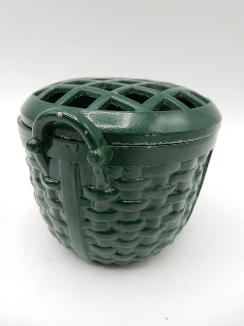 Vintage Dept 56 GREEN Cast Iron Flower Frog Basket Weave Two-Piece 3" X 3"