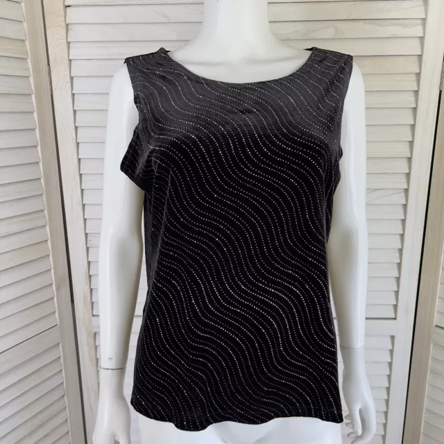 Notations Black Tank Top Blouse Velour Sparkle Wavy Diamond Silver Sparkle XL