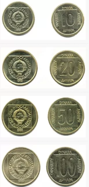 Yugoslavia 100 Coins Set 10, 20, 50, 100 Dinara UNC World Coins