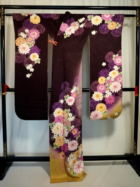 Japanese kimono SILK"FURISODE" long sleeves, Gold leaf,Plants,Purple,L5' 5".3461