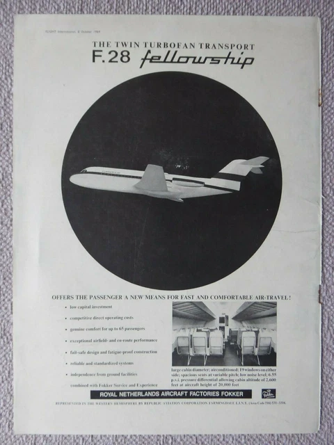 10/1964 Pub Fokker F28 Fellowship Aircraft Flugzeug Original Ad
