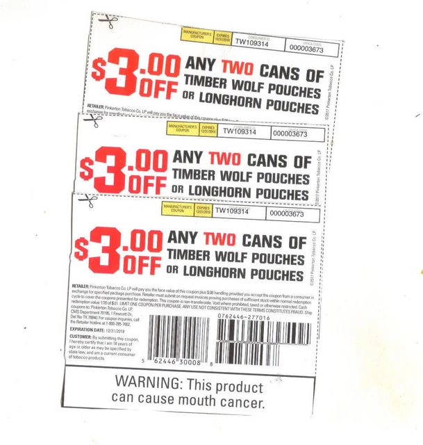 TIMBER WOLF LONGHORN Pouches Smokeless Tobacco Coupons $9.00 Savings Snuff  $1.25