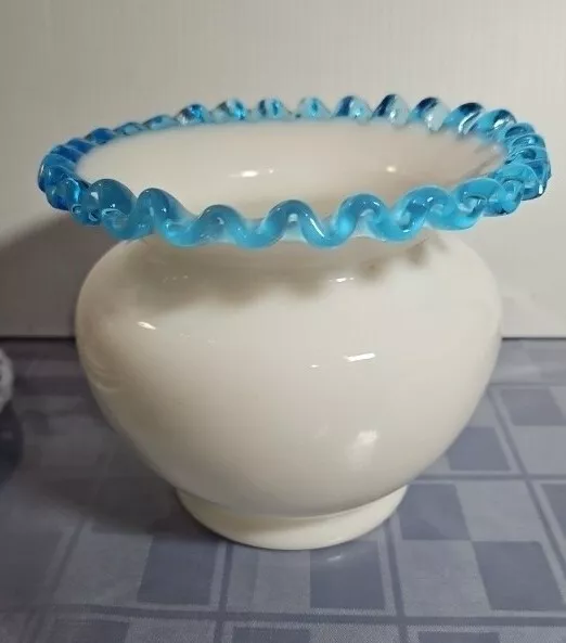 Vintage Fenton Aqua Blue Crest White Milk Glass 4.5" Rose Bowl Flower Vase