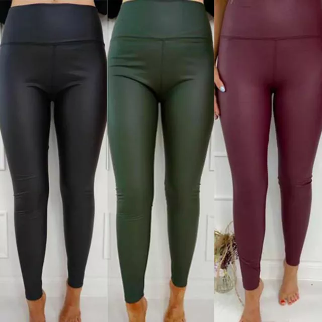 WOMEN SEXY HIGH Waist Stretchy Faux Leather Leggings Elastic PU