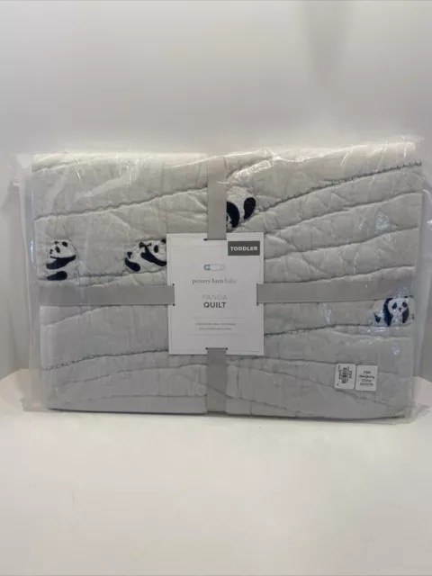 Pottery Barn Panda Toddler Quilt Crib Baby Cotton Linen Embroidered NIP 36 X 50