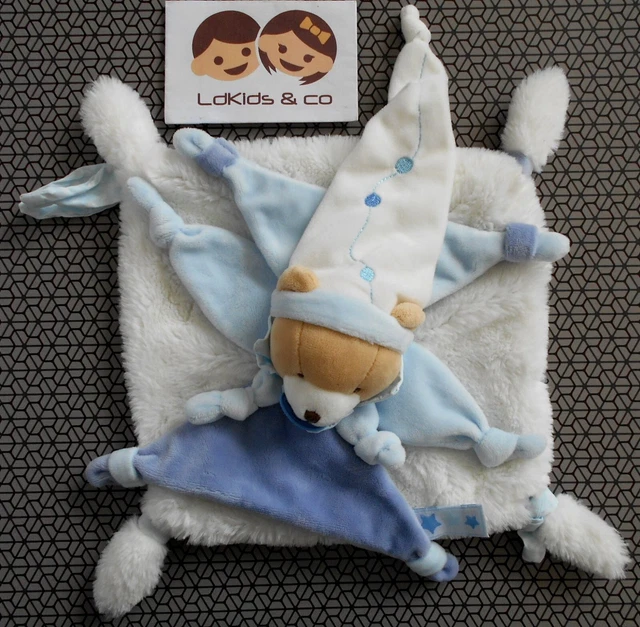 DOUDOU et COMPAGNIE OURS PLAT PETIT CHOU BLEU FOURRURE BLANC Etoiles D866