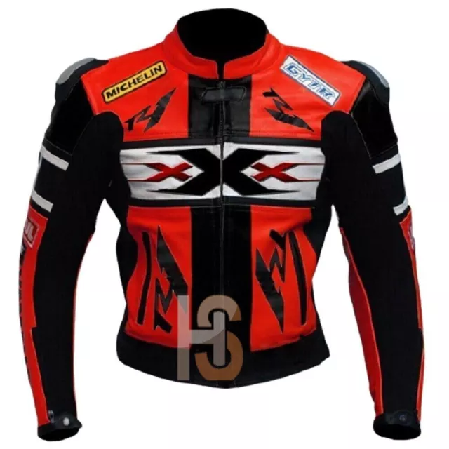 HANDSOME Mens Red & Black Motorcycle Racing Genuine Cowhide Leather Biker Jacket