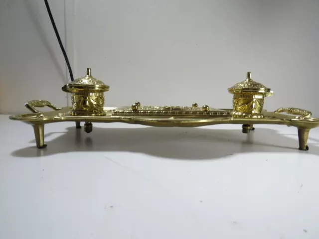 Antique French Brass Inkstand w/ Double Inkwells, Cherubs & Rococo Design 2