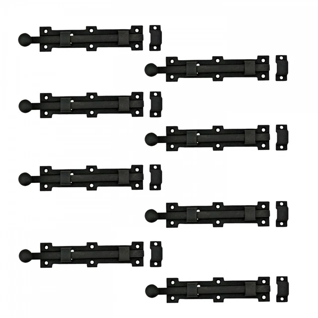 8 Piece Black Slide Bolt Door Latch Wrought Iron with Catch Renovators Supply
