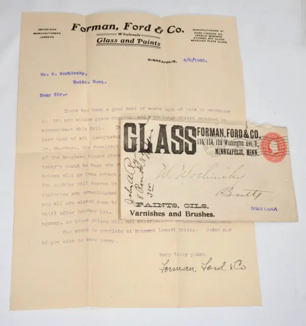 Mr Fancy Cancel Forman, Ford & Co Glass MInneapolis MN Billhead 1903 TRAIN LATE