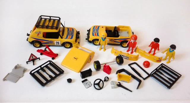Playmobil 3524 voiture rallye jaune vintage klicky Hella pilote roue phare Koni