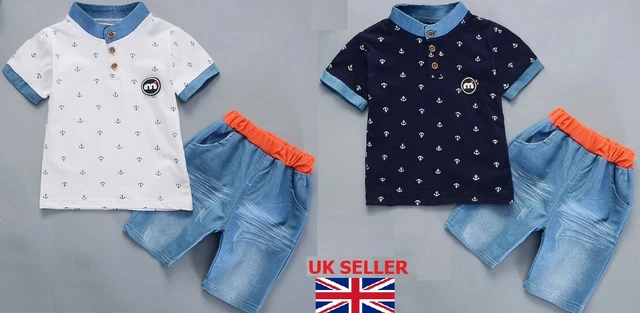 UK Toddler Baby Boy T-shirt Top + Jeans Shorts Outfit Set Spring Summer Holiday