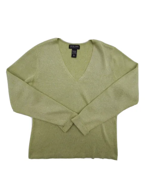 New York And Company Size Large Green Knit Long Sleeve Sweater V Neck