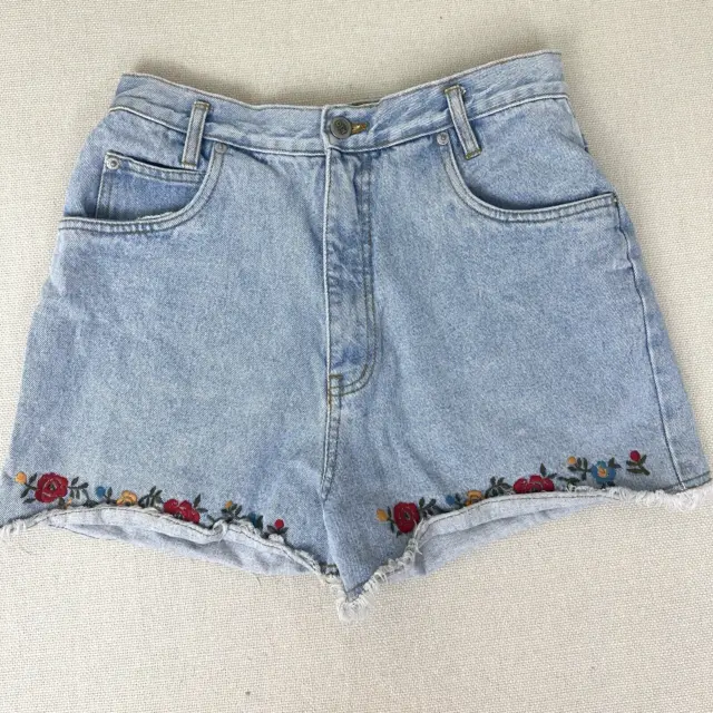 Vintage High Rise Womens Jean Cut Off Shorts, 28' Waist, Flower Embroidery