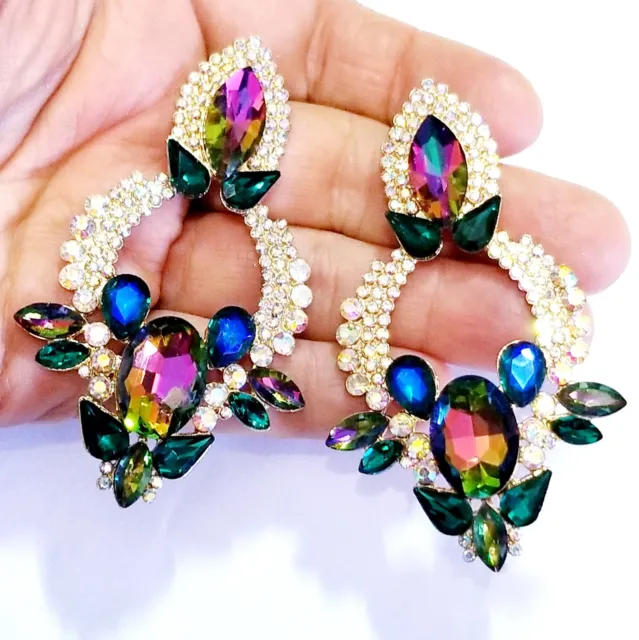 Green Multi Crystal Bridesmaid Rhinestone Chandelier Drop Earrings 3 in Jewelry