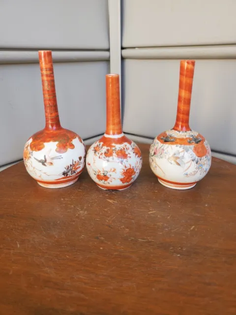 Signed Set 3, Birds & Flowers Japanese Kutani Onion Vases Bottle Vases Meiji