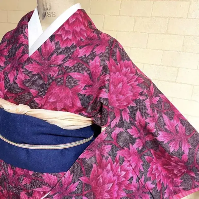 Japanese Kimono Silk Women's Chirimen 152cm Pink Flower Antique