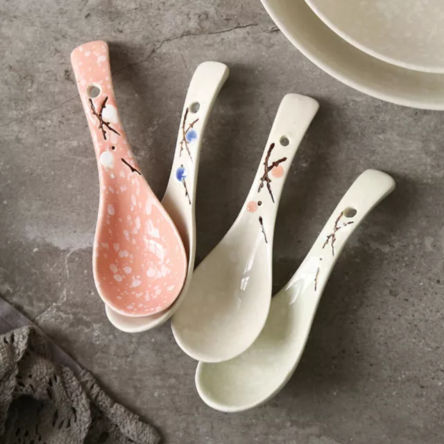 4 Pcs Plum Spoon Ceramics Japanese Bulk Ramen Noodles Spoons for Home 3