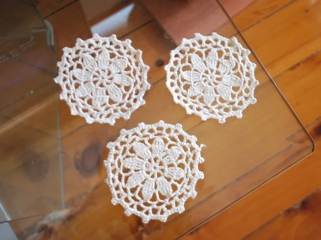 3 Foral Pattern Hand Crochet Cotton Doilies 3.55" Cream
