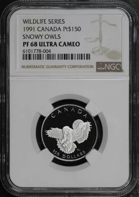 1991 Canada $150 Platinum Wildlife Series Snowy Owls NGC PF-68 Ultra Cameo