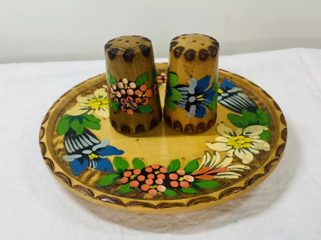 Folk Art Hand Painted Wood Salt And Pepper Shakers With Matching Tray, Handmade