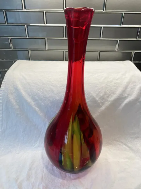 Retro Pier 1 Red blown glass vase with yellow green & black swirls W/Label 14.5”