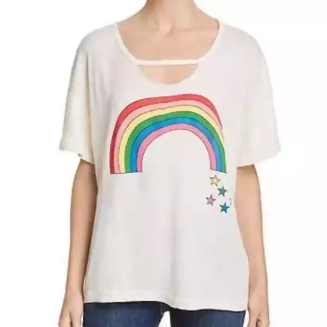 $64 New Wildfox Rainbow Stars T-Shirt Size Medium Cream Cutout Oversized M NWT