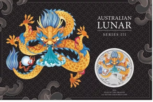 Australia Lunar Series 2024 Year of the Dragon 1oz Silver Coloured Coin in Card