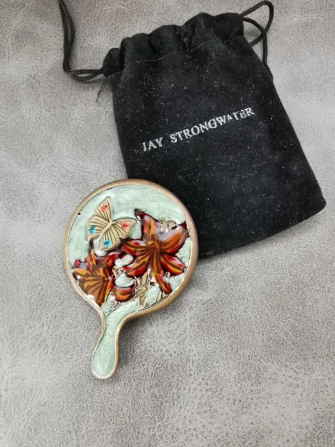 Jay Strongwater Signed Butterfly Floral Enamel Mini Metal Hand Mirror w/ Pouch