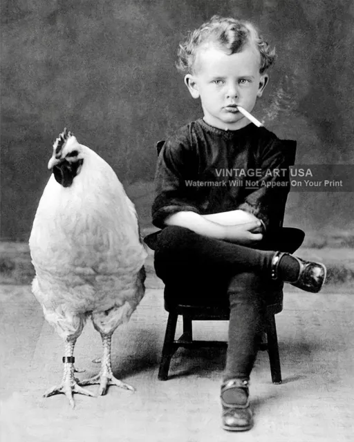 1920s Boy Smoking with Giant Chicken (Rooster) Photo - Bizarre Odd Strange Funny