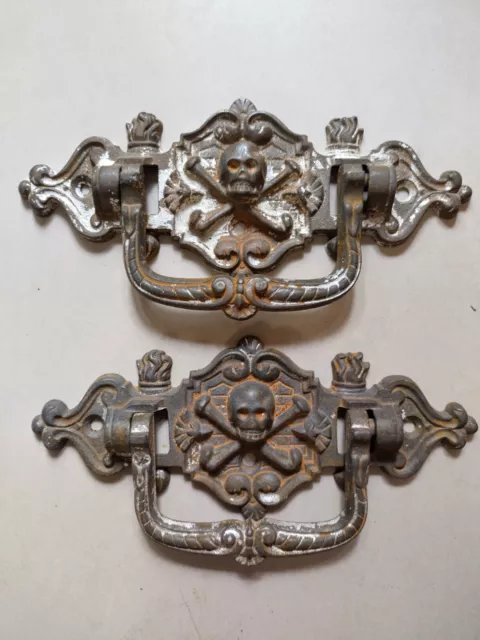 Pair of Genuine Antique Gothic Coffin Handles Skull Crossbone Brevete