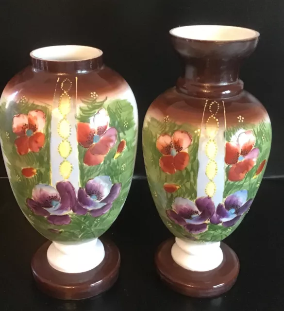 Beautiful Vintage Pair Of Hand Painted Opaque Glass Vases With Floral Decor 13”