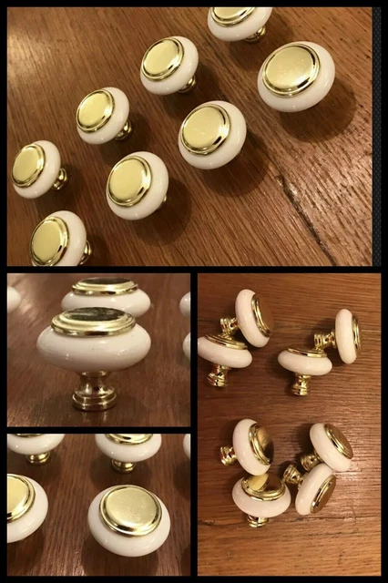 8 Knobs Ceramic Brass Center Rosette Cabinet Drawer White Mid Century Vintage