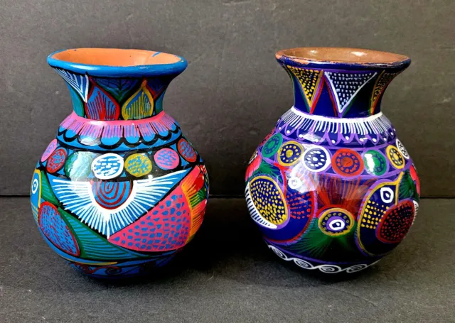 Vintage Mexican Talavera Folk Art Pottery Hand-painted Colorful Vase Pair 4.5"H