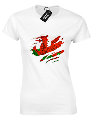 Welsh Flag Chest Slashed Ladies T-Shirt Wales Patriot Pride Rugby Football Fan