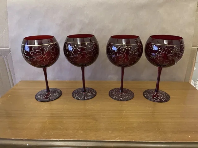 (2) Danube Red & Gold Rare Romanian Crystal Wine Glasses