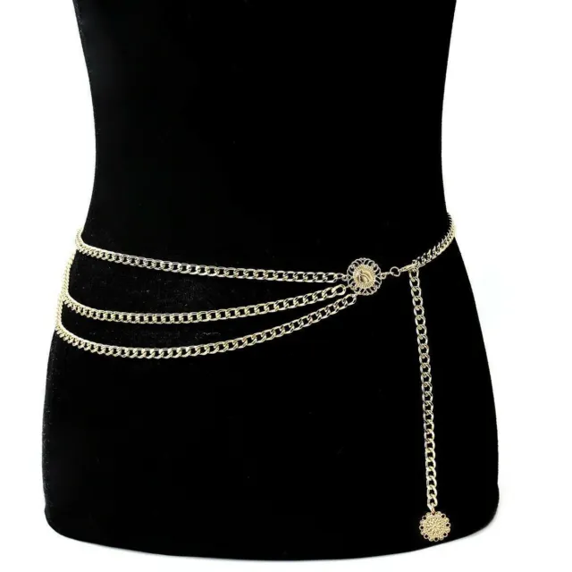 Women Vintage Gold Coin Metal Retro High Waist Charm Waistband tassel Chain Belt