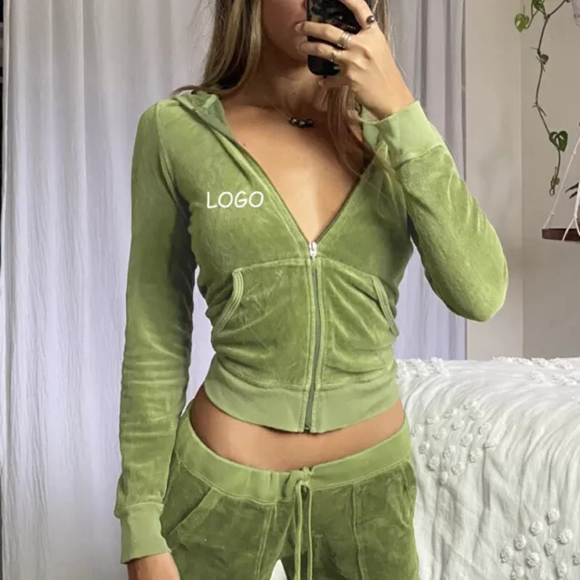 Female Full Zip Up Hoodie Joggers Pants with Pockets  Velvet Tracksuit