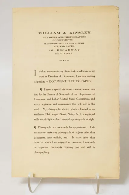 F66646~ c.1911 - Aviso de fotografía de documentos - William Kinsley, grafólogo, Nueva York