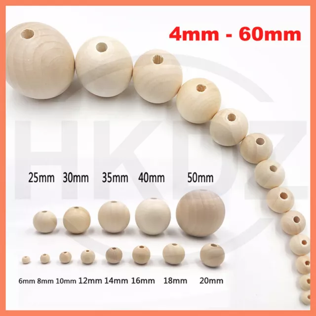 Natural Wood Bead Unpainted Unfinished Round Wooden Beads Spacer Ball 4mm - 60mm