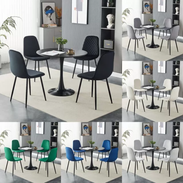 Black Colour Wooden Round Dining Table and 4 Chairs Set Home Kitchen Velvet