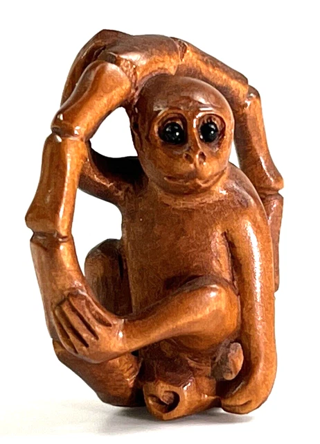 Japanese Netsuke Monkey On Bamboo Ring Hand Carved Boxwood 1” Signed 石川 Ishikawa