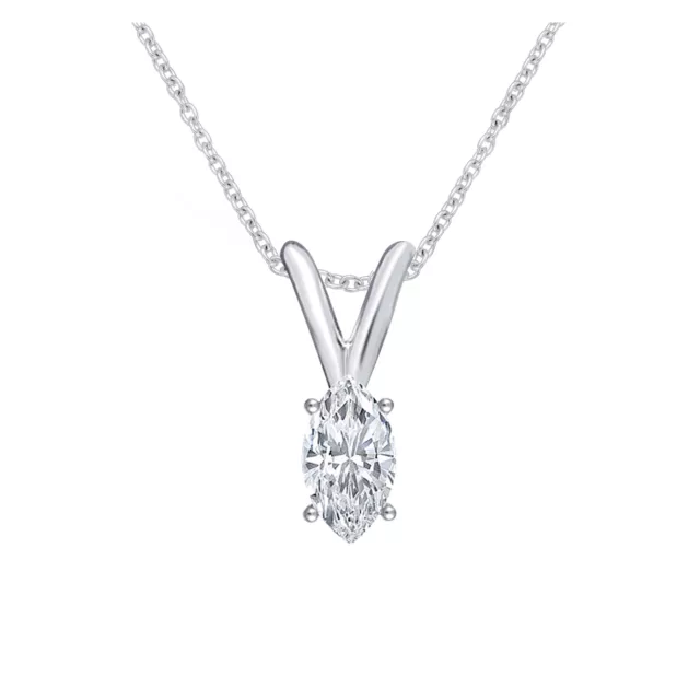 14k White Gold Marquise Genuine Diamond Solitaire Ladies Pendant Chain Set .20CT